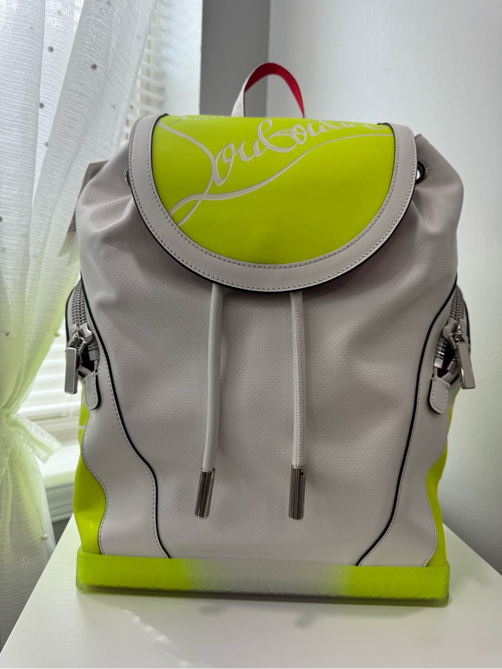 Christian Louboutin White and Neon Yellow Drawstring Backpack